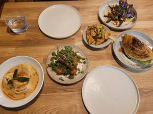 Pumpkin Tortellini, Potato Terrine, Teriyaki Tofu, BBQ Courgette and Savoy Cabbage at Shrub in Chester