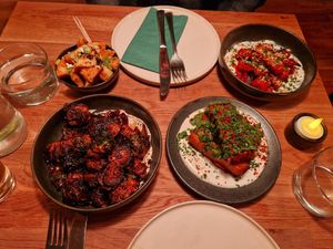 Teriyaki tofu, brussel sprouts, potato terrine, baby carrots at Shrub in Chester