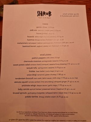Small plates menu at Shrub in Chester