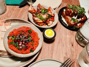 L to R: muhammara, teriyaki tofu, potato terrine  at Shrub in Chester