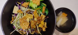 Mushroom dry noodle (I think $6). Soup is wonderful! at Red Apple Veggie Cafe 红苹果素食 - Fortune Centre in Central Singapore