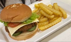 Burger and fries  at Red Apple Veggie Cafe 红苹果素食 - Fortune Centre in Central Singapore
