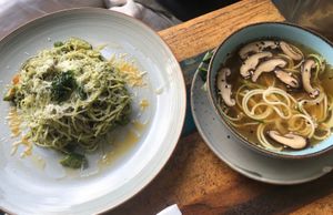 pasta pesto 70k, noodle soup at Akasha in Tegallalang
