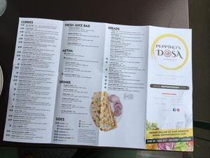 Extensive menu at Peppino's Dosa in Waltham