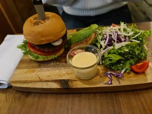 Chickpea 🍔  with zucchini 🍟, 🥗 and delicious sauce at Living Vino @ So Lucky Bar in Tbilisi