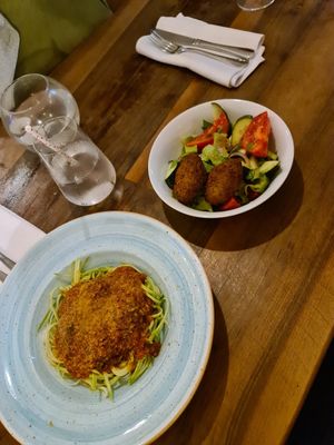 Neatballs with zoodles and a falafel starter at Living Vino @ So Lucky Bar in Tbilisi