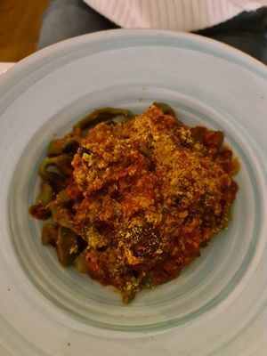 Fantastic homemade spinach tagliatelle with putanesca sauce and neatballs at Living Vino @ So Lucky Bar in Tbilisi