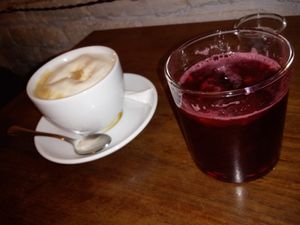 Latte (left) and pomegranate juice (right) at Living Vino @ So Lucky Bar in Tbilisi