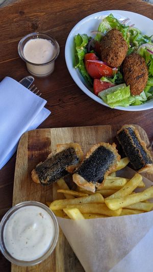 Fish n Chips + Georgian salad at Living Vino @ So Lucky Bar in Tbilisi
