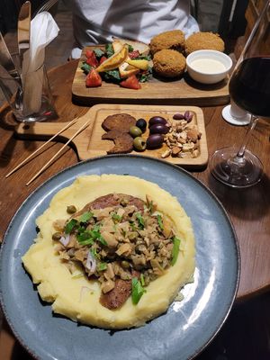 Seitan Piccata with Artichoke, Olive & White Wine sauce & Falafel Fusion at Living Vino @ So Lucky Bar in Tbilisi