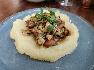 Chikin picatta on mash. Tasty! at Living Vino @ So Lucky Bar in Tbilisi