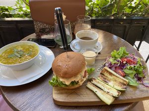 Lentil soup, bean nutty burger, salads  at Living Vino @ So Lucky Bar in Tbilisi