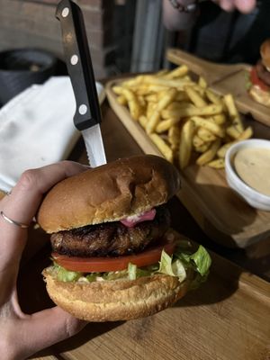 Burger with beyond meat and potato fries   at Living Vino @ So Lucky Bar in Tbilisi