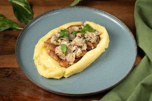 Un-Chicken Piccata with white wine-olive-artichoke sauce at Living Vino @ So Lucky Bar in Tbilisi