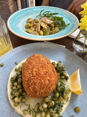 Gnocchi with artichokes, un-chicken Kyiv  at Living Vino @ So Lucky Bar in Tbilisi