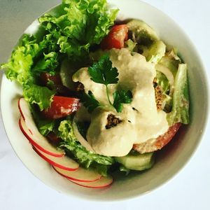 Georgian salad with falafel and hummus at Living Vino @ So Lucky Bar in Tbilisi