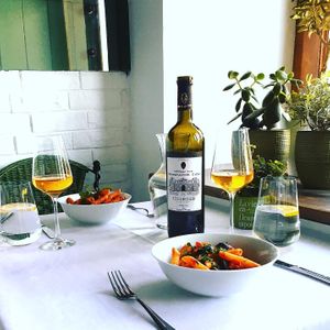 delicious vegan pasta with vegan natural wine at Living Vino @ So Lucky Bar in Tbilisi