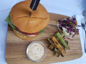 Vegan burger made with chickpeas and couscous at Living Vino @ So Lucky Bar in Tbilisi