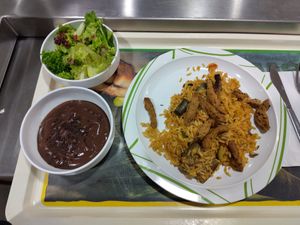 Italienische Reispfanne
mit frischem Gemüse und
Sojastreifen [leider sehr trocken!], dazu Beilagensalat und veganer Schokopudding at Mensa Petrisberg in Trier