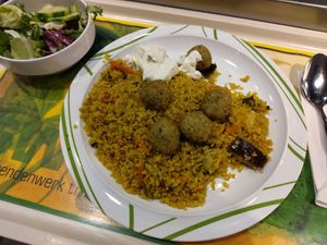 Vegane orientalische Bulgur-Gemüsepfanne mit Falafelbällchen [ist leider nicht lecker gewürzt und sehr trocken, mehr Gemüse wäre nett] at Mensa Petrisberg in Trier