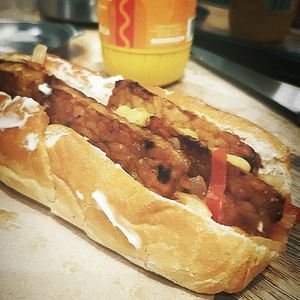 El perro de tempe Vegano at Little Beans in Bilbao