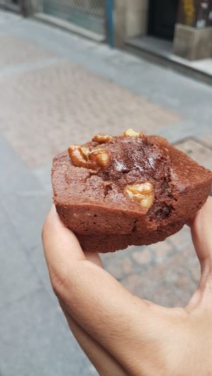 Piece of vegan brownie at Little Beans in Bilbao