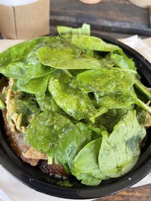 Vegan Bowl w/ yellow rice, black beans, sweet plantains, spinach (as you can see 😂), chimichurri sauce and vegan “meat."  at Rum Cake Lady in Blue Ridge