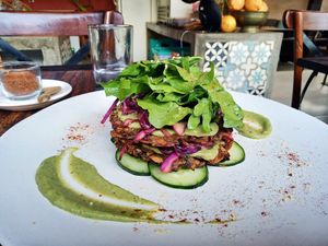 Sweet potato Rosti stack layered with beautiful fresh salad veggies at Dapur Usada  in Ubud