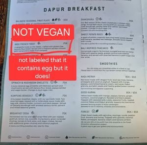 Poor labeling! French toast is NOT VEGAN at Dapur Usada  in Ubud