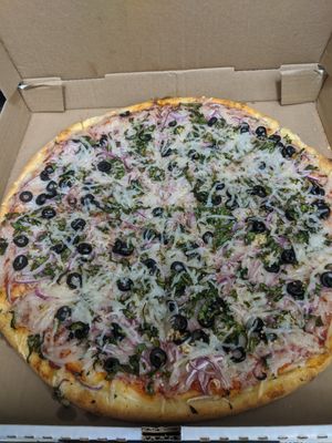 Delicious cheese spinach black olives and onion. at New York New York Giant Pizza in Poway