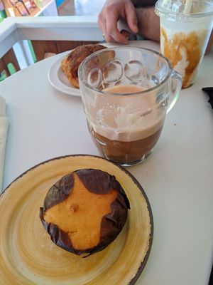 Latte with almond milk and key lime vegan muffin at Midway Cafe and Coffee Bar in Islamorada