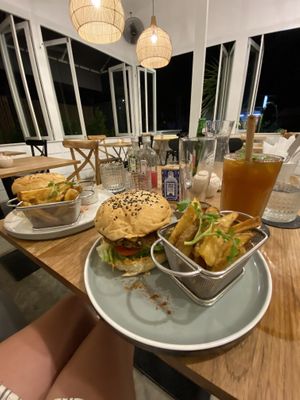 Vegan burger with a plant based patty and cashew cheese  at Nourish in Ungasan