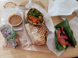 Fresh rice paper wrap. Collard wrap. Another wrap I forget the name of. But everything is homemade and fresh and tasty. This is by far my favorite take out place. at La Belle Verte in Gatineau