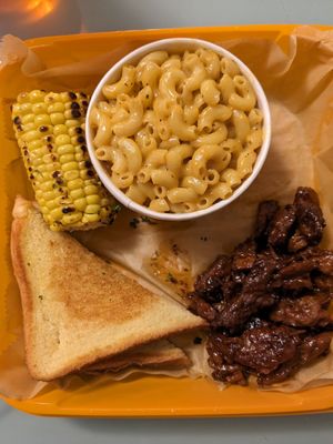 BBQ ribs + Mac & cheese, Corn, and toast. at The Rabbit Hole in Pompano Beach