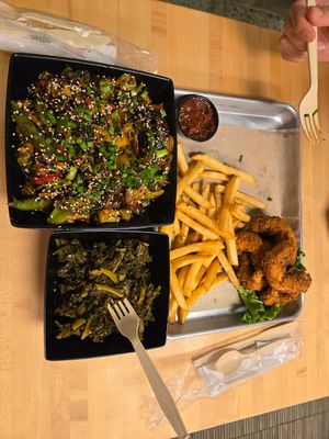 Flaming Dragon BBQ stir-fry, collard greens, and fried "catch of the day" at The Rabbit Hole in Pompano Beach