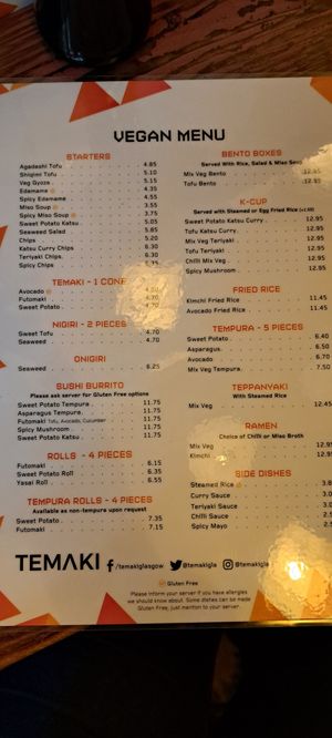 Vegan menu (Nov 2023) at Temaki in Glasgow