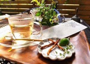Herb tea and some treat at Holy Holy Familiar Tree Cafe in Ikeda