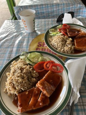 Barbecue tofu with brown rice and salad  at The Healthy Way in Ocho Rios