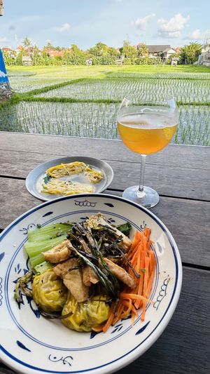 Vegan scallion noodles + vegan wanton soup + oolong and gin tea  at Sista the Dumpling Shack in Kuta