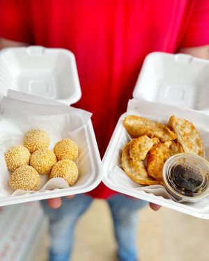 Veggie Potstickers (6pcs), Spinach, Carrots, Cabbage, Corn, Water Chestnut, Soaked Vermicelli.

Sesame Balls, A classic Chinese pastry coated with sesame seeds on the outside and a sweet dessert center. (6pcs) at Tso Chinese Takeout & Delivery - Arboretum in Austin