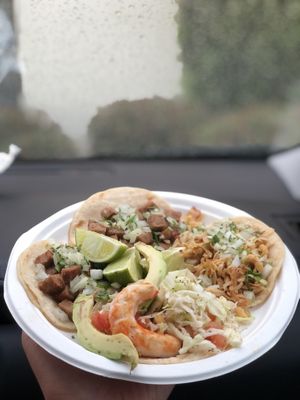Vegan shrimp tacos, vegan protein asada taco, and vegan jackfruit chikun. 😍🤤🌱 at Sunny Express Mexican Chinese in Compton