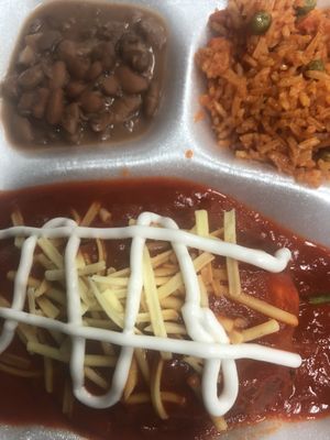 Vegan Chile relleno with soy chorizo Nd potatoes Nd side of Mexican rice Nd beans yummy ! at Sunny Express Mexican Chinese in Compton