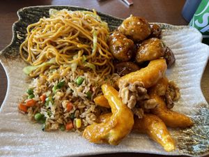 Vegan fried rice, chow mein, orange nuggets, and glazed shrimp! So good!  at Sunny Express Mexican Chinese in Compton