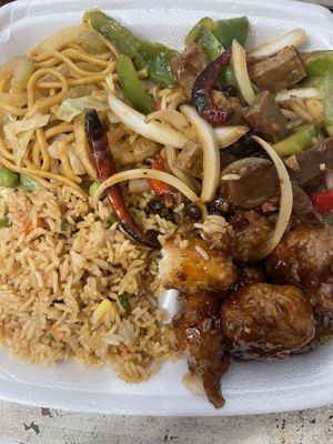 Vegan chow mein, fried rice, peppered steak, and orange nuggets.  at Sunny Express Mexican Chinese in Compton