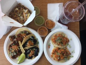 Vegan tacos and chow mein at Sunny Express Mexican Chinese in Compton