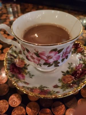 Hot tea with non dairy creamer at Top Burmese in Beaverton