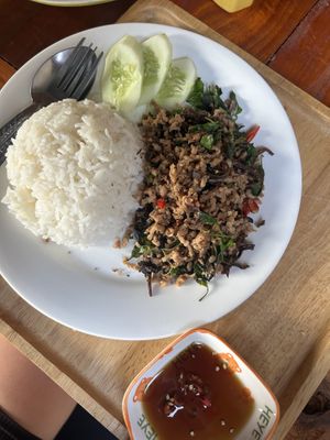 Fake meat with rice   at Mina Hostel in Thakhek