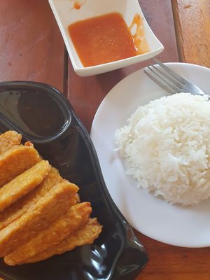 Fried tempeh (rice was ordered extra) at Mina Hostel in Thakhek