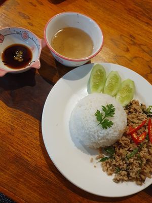 Kaprao protein and rice spicy at Mina Hostel in Thakhek