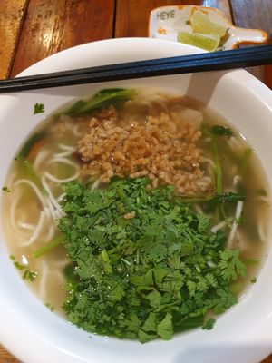 Khao piak (noodle soup) at Mina Hostel in Thakhek